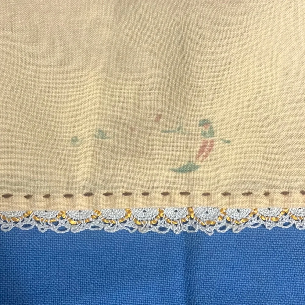 Set of 3 Vintage Cotton Tea Towels / Rags Blue Cannon, Yellow Pheasant with Lace